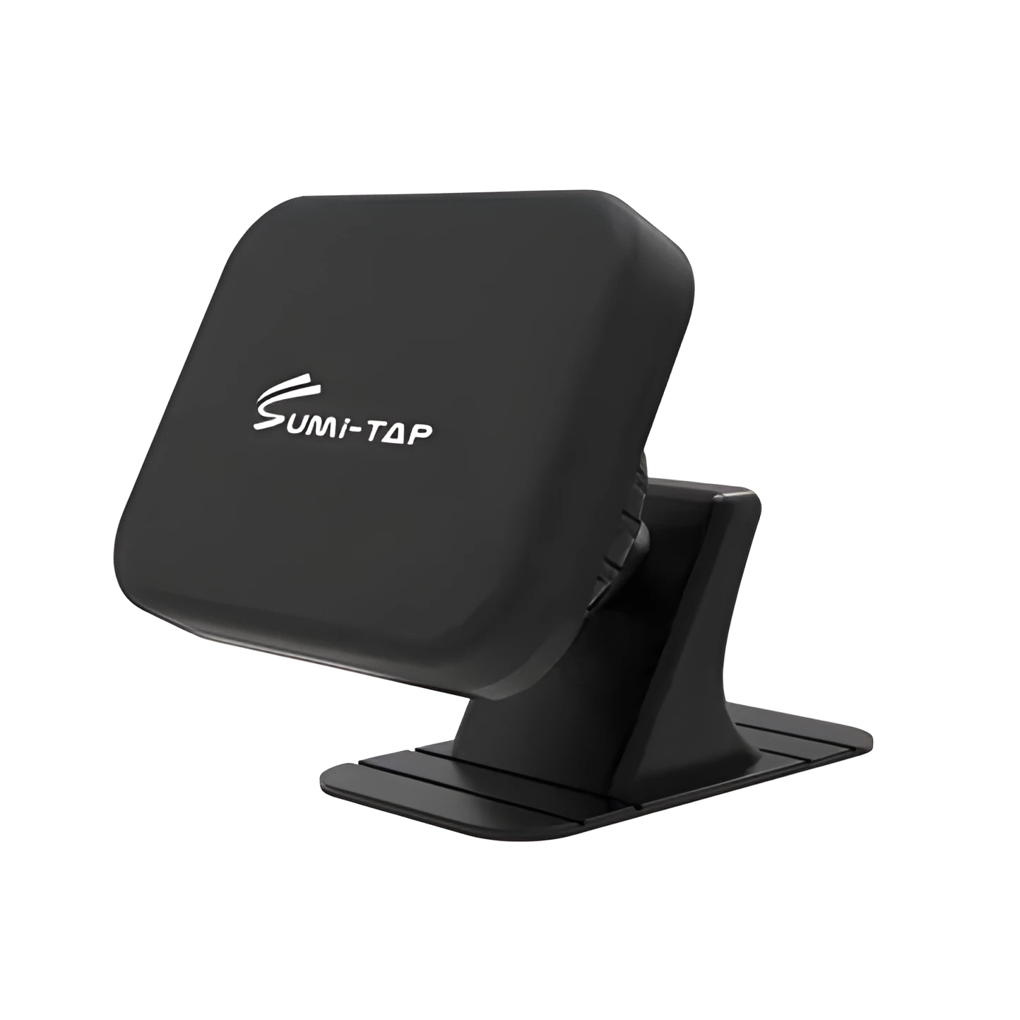 Magnetic car phone holder with nylon base and silicone surface attached to dashboard, available in black