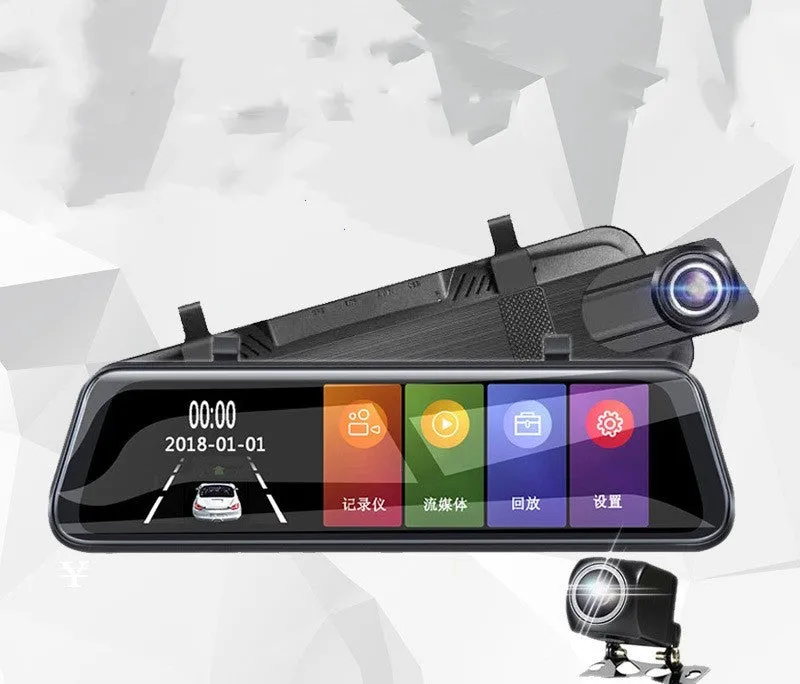 10-inch touch screen streaming dashcam rearview mirror with dual lens and blue anti-glare coating
