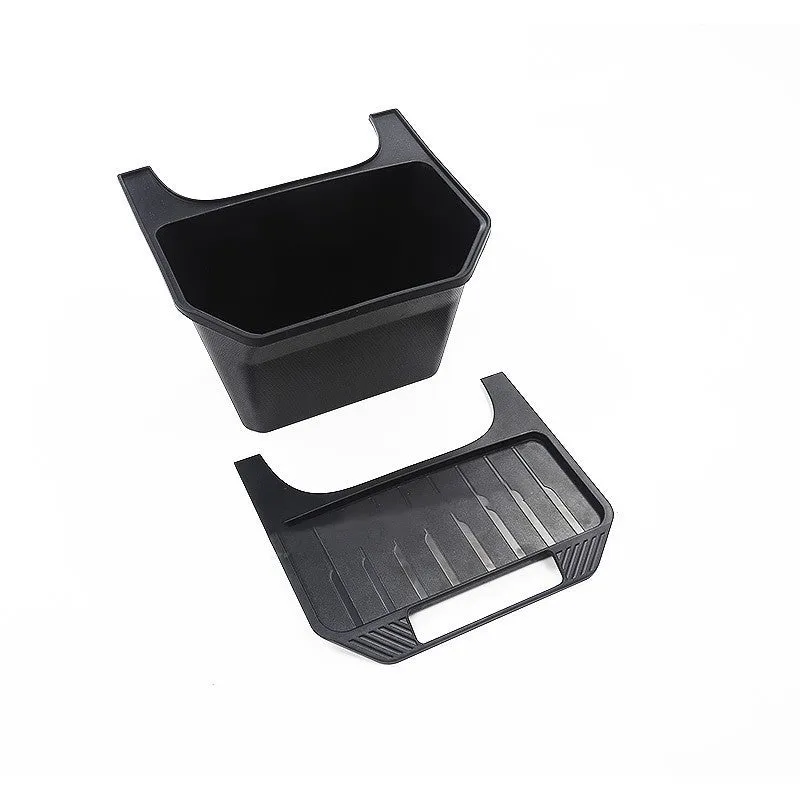 Black rectangular plastic rear middle storage box with handle on car seat