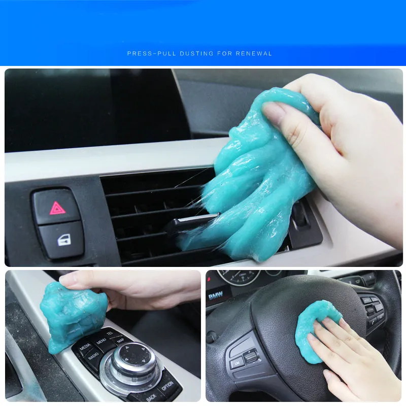 Multifunctional cleaning soft gel in blue and yellow on a car dashboard