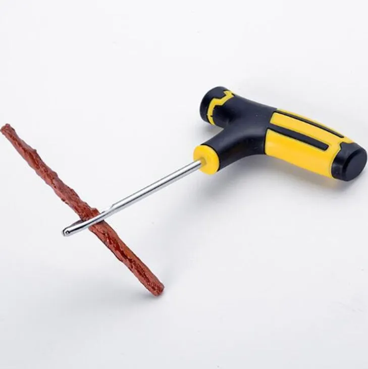 Yellow car tire repair kit with scraper, needle, glue, and 5 rubber strips in blister card packaging, size 16x25.5 cm