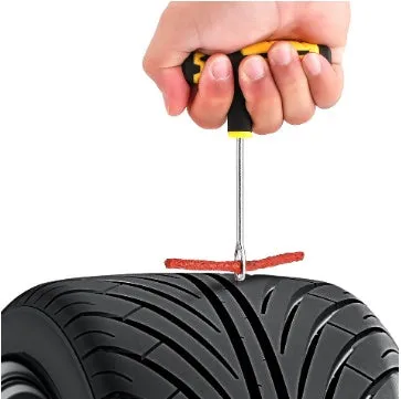Yellow car tire repair kit with scraper, needle, glue, and 5 rubber strips in blister card packaging, size 16x25.5 cm