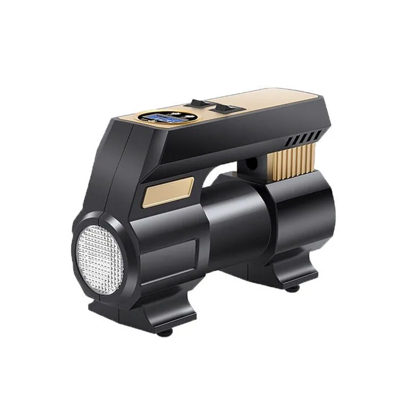 120W 12V car air pump with digital display, 60cm tube, and 300cm power cord on a dark background
