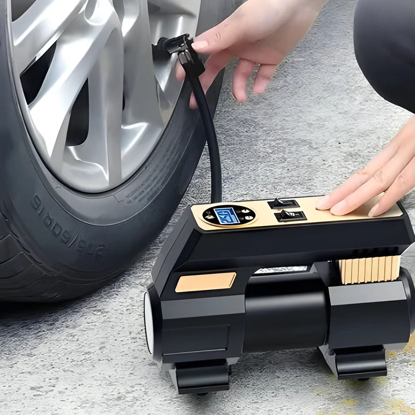 120W 12V car air pump with digital display, 60cm tube, and 300cm power cord on a dark background