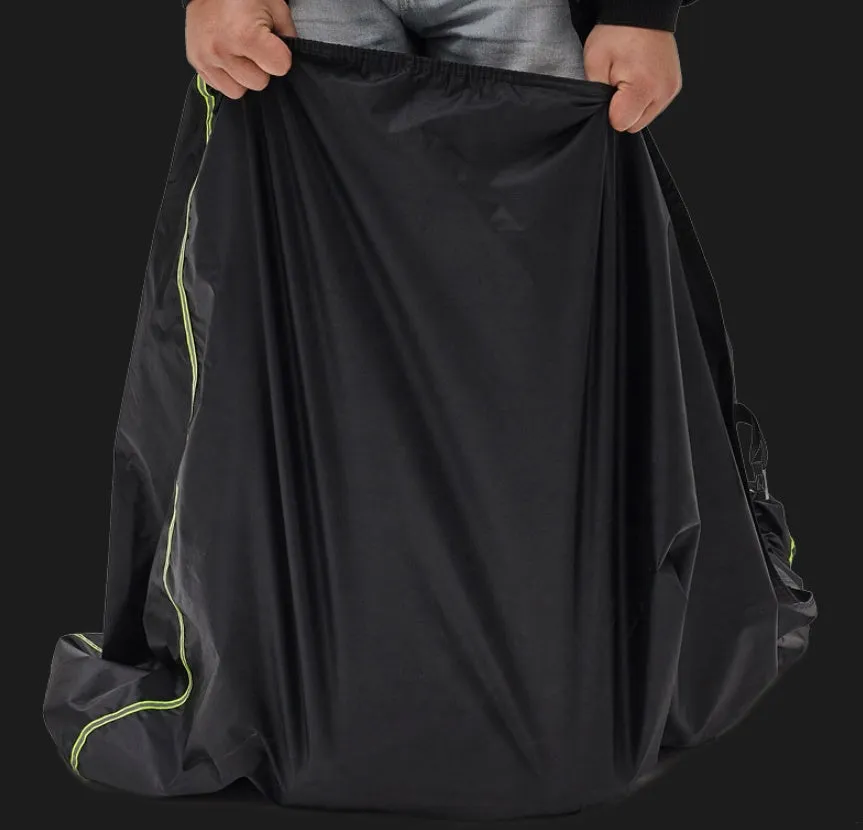 Thick nylon PVC coated motorcycle cover in black green, size L, on a dark background