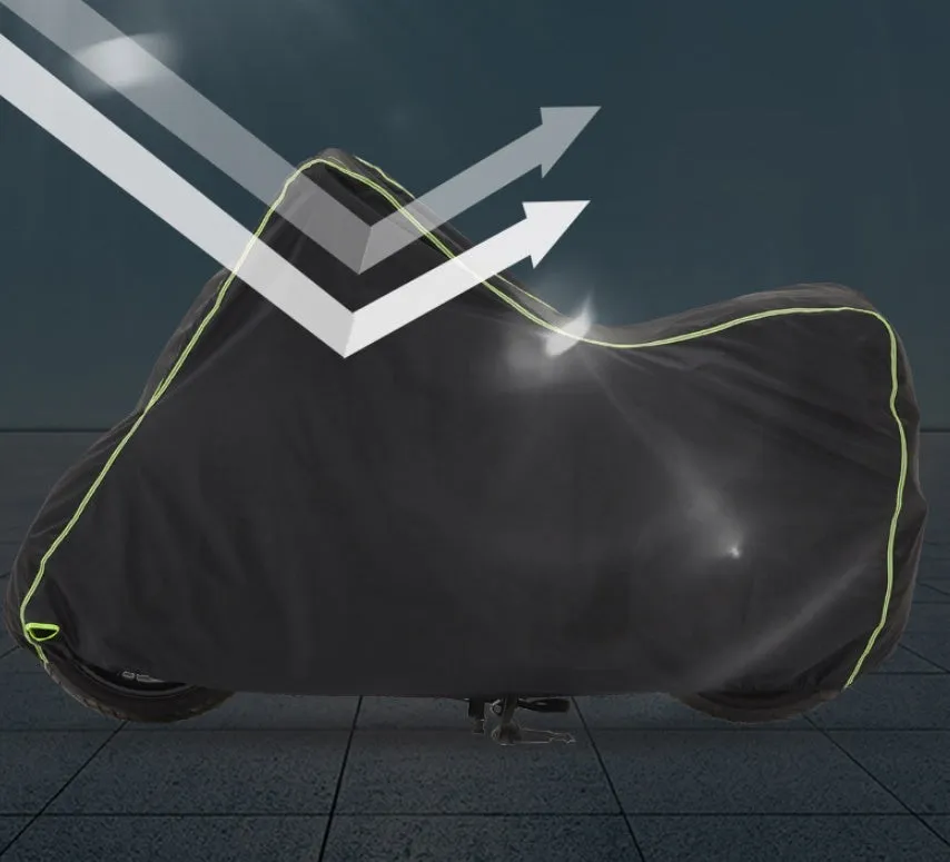Thick nylon PVC coated motorcycle cover in black green, size L, on a dark background