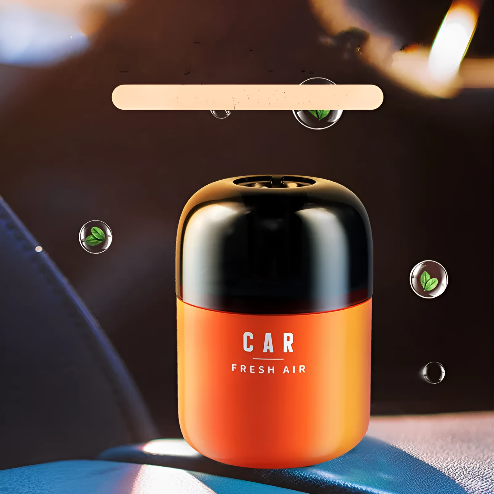 Solid aromatherapy balm car perfume in wooden cover with five colour options: black, red, yellow, orange, blue