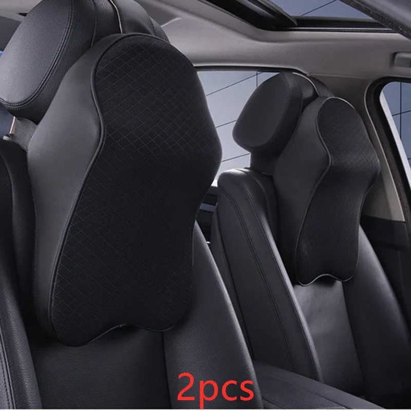 Memory foam car neck pillow with ergonomic shape, adjustable strap, and polyester cover on a car seat