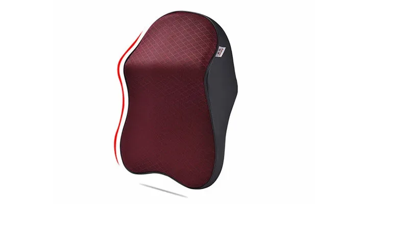 Memory foam car neck pillow with ergonomic shape, adjustable strap, and polyester cover on a car seat