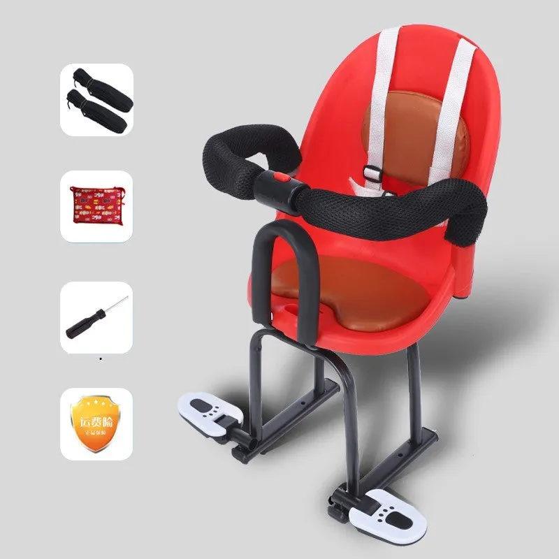 Black front-mounted child safety seat for a battery scooter with a high carbon steel frame.