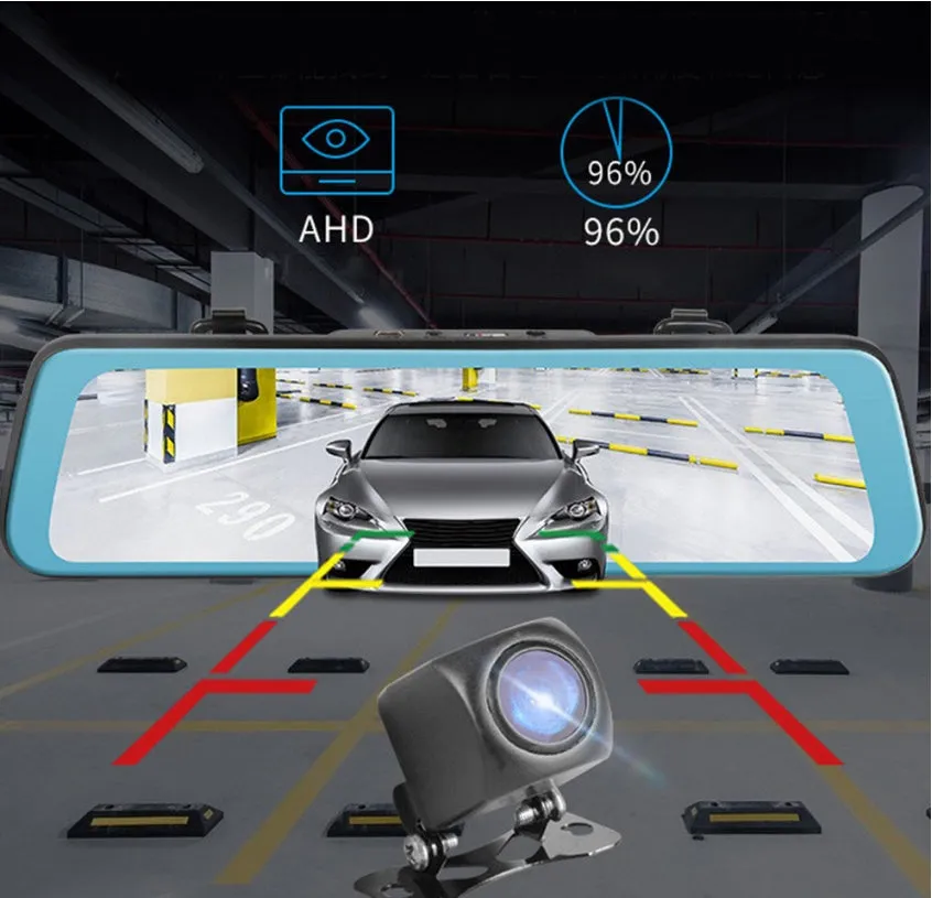 10 inch dual cameras driving recorder with full display screen mounted on car rearview mirror