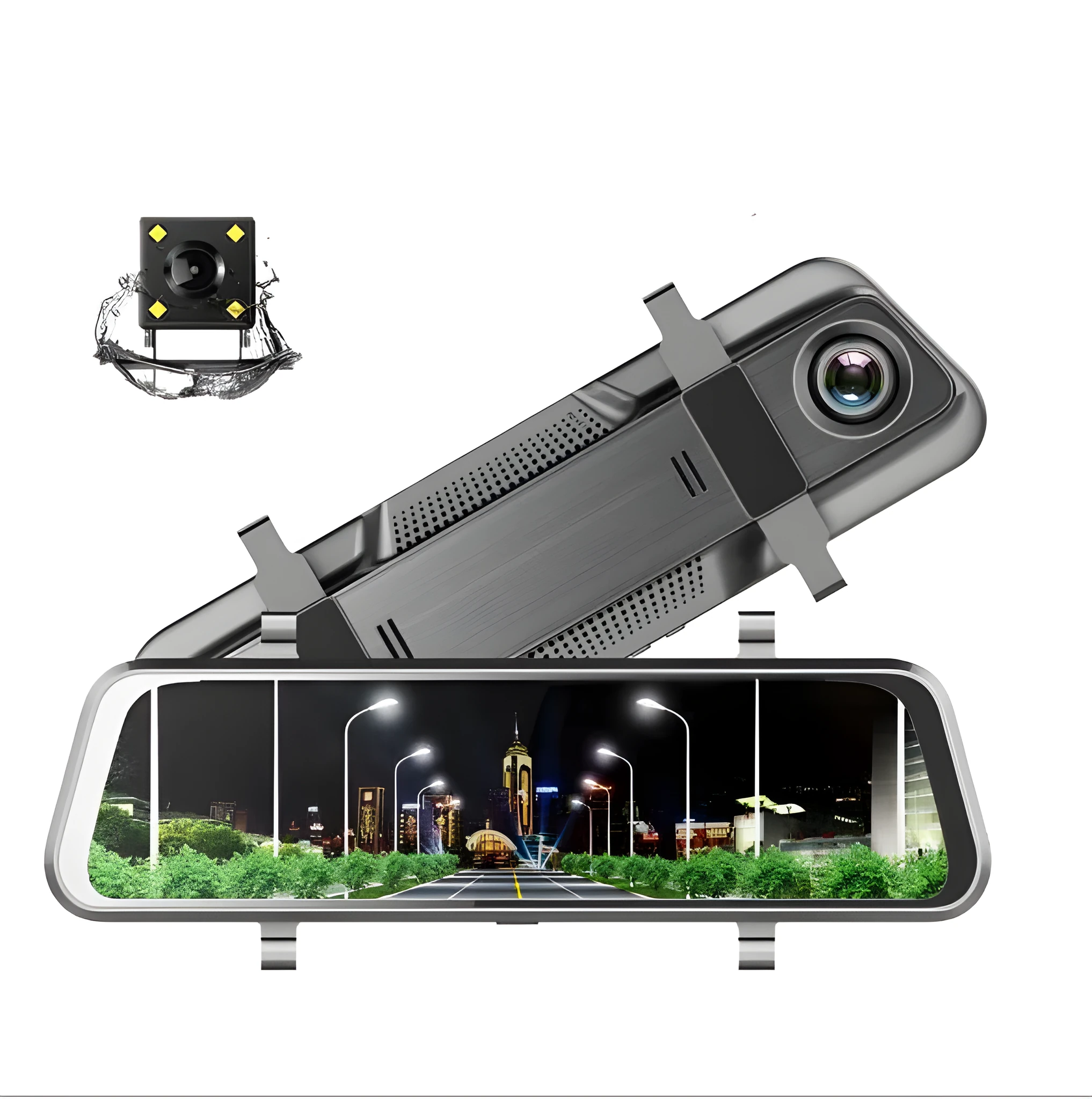 10 inch dual cameras driving recorder with full display screen mounted on car rearview mirror