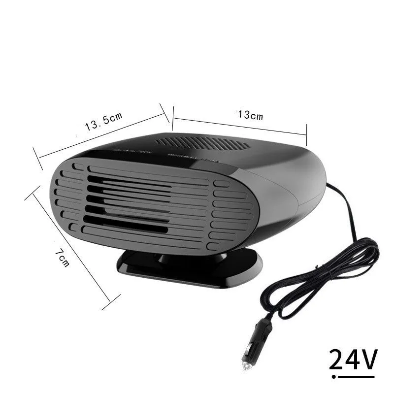 Black 12V car heater with ABS housing and 360-degree rotatable air outlet on dashboard