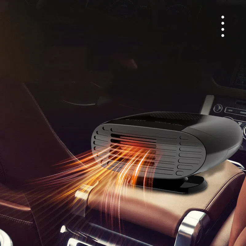 Black 12V car heater with ABS housing and 360-degree rotatable air outlet on dashboard