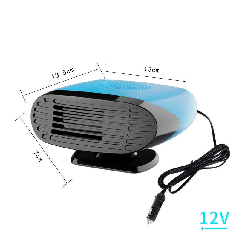 Black 12V car heater with ABS housing and 360-degree rotatable air outlet on dashboard