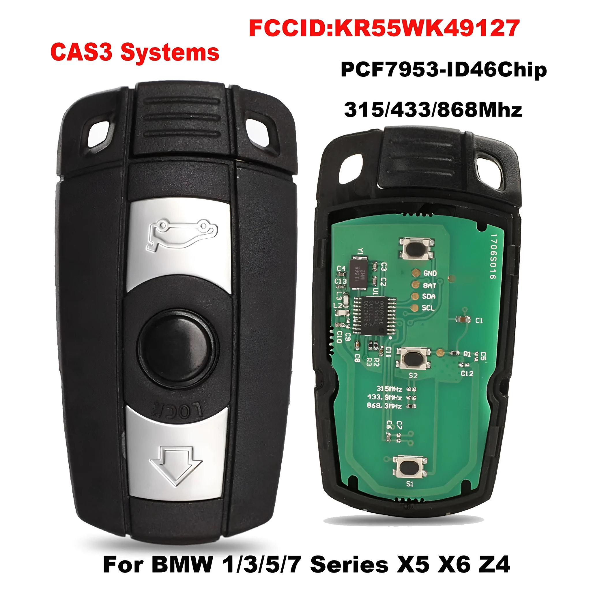 BMW semi-intelligent three-button remote car key fob on a grey background