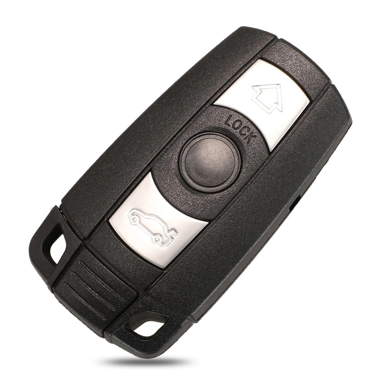 BMW semi-intelligent three-button remote car key fob on a grey background