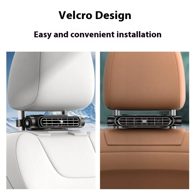 USB-powered black car seat fan attached to headrest with velcro strap, showing button controls.
