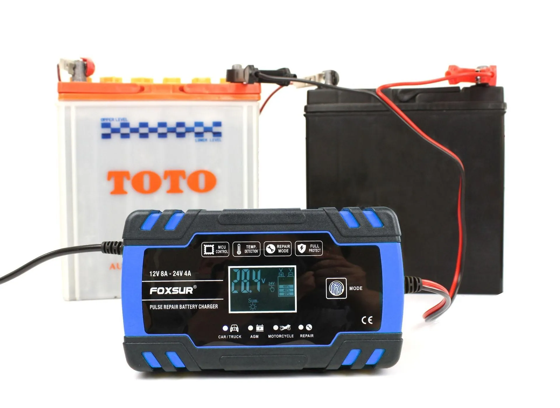 Blue universal smart battery charger for 12V 24V motorcycles cars trucks CE certified EU UK US plug