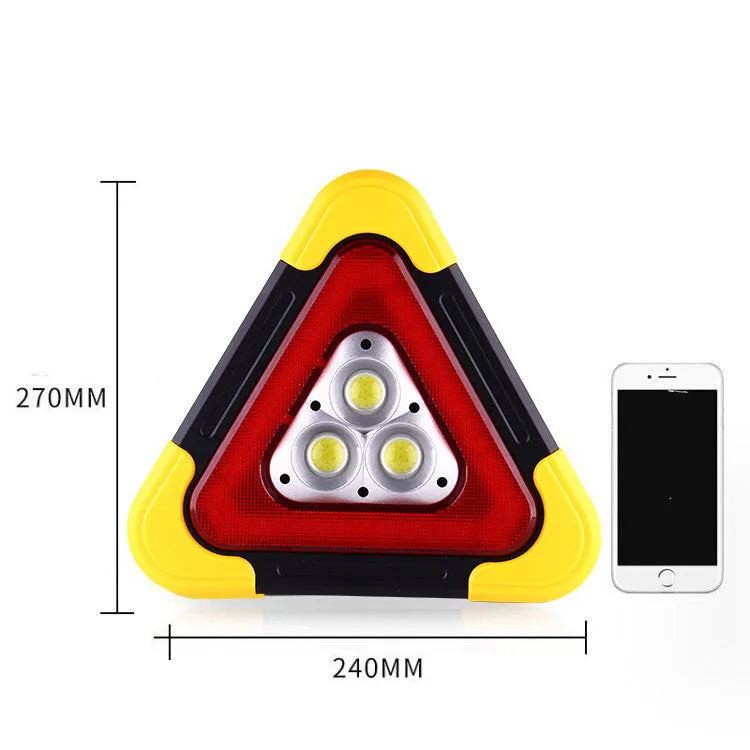 Car warning triangle with solar light and COB LED lamp, portable emergency work light with ABS and aluminium alloy body