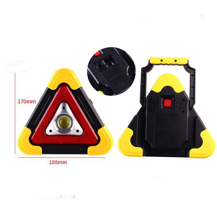 Car warning triangle with solar light and COB LED lamp, portable emergency work light with ABS and aluminium alloy body