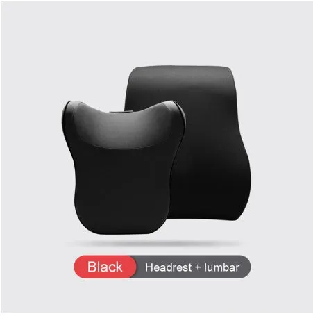 Car headrest and lumbar support cushion set in gray on a car seat
