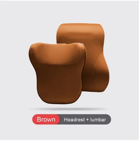 Car headrest and lumbar support cushion set in gray on a car seat