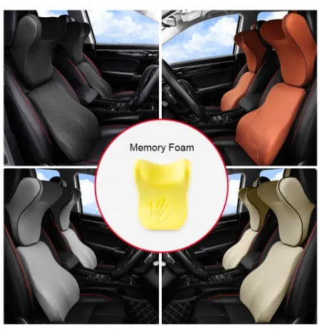Car headrest and lumbar support cushion set in gray on a car seat
