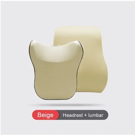 Car headrest and lumbar support cushion set in gray on a car seat