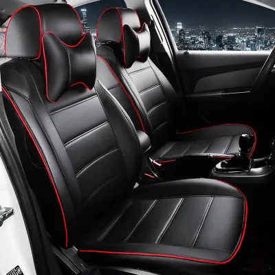 Cow leather car seat cover in binding style, shown in beige and black with red accent colour options
