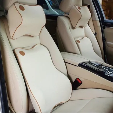 Car memory foam cushion set with 3D headrest and lumbar support, polyester cover, colour options beige black gray red