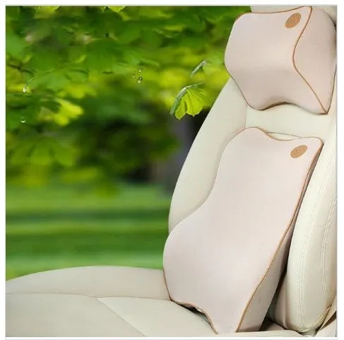 Car memory foam cushion set with 3D headrest and lumbar support, polyester cover, colour options beige black gray red