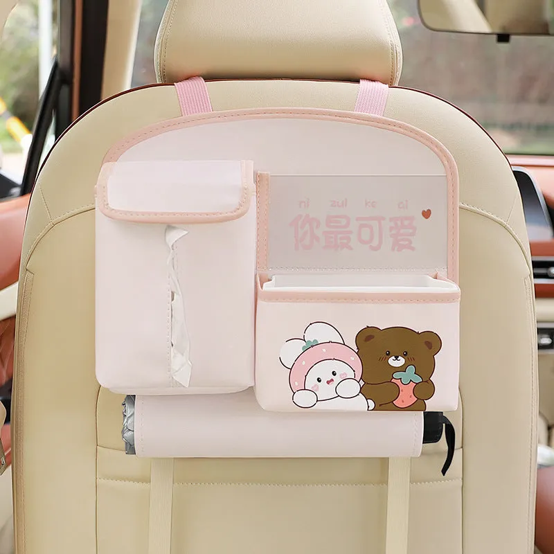 Multifunctional hanging leather car storage bag with cute cartoon design in classic black colour