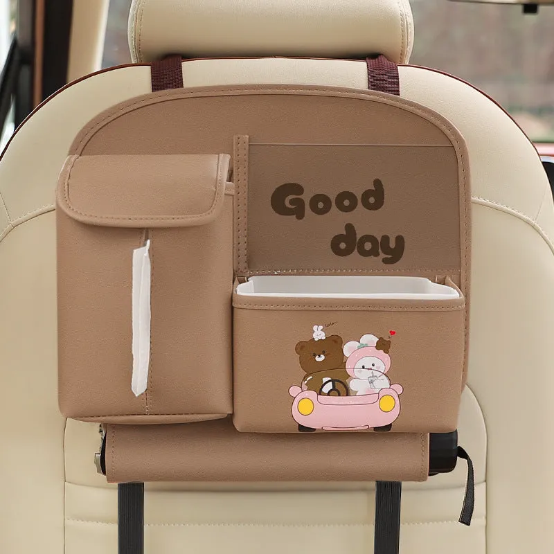 Multifunctional hanging leather car storage bag with cute cartoon design in classic black colour
