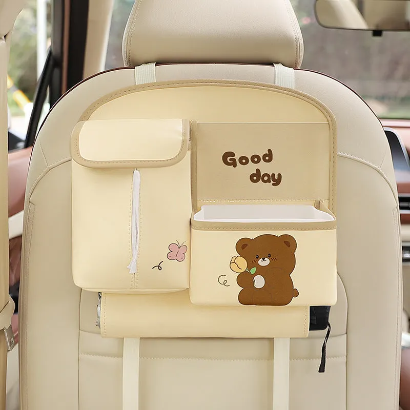 Multifunctional hanging leather car storage bag with cute cartoon design in classic black colour