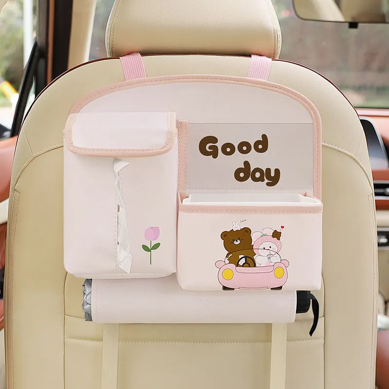 Multifunctional hanging leather car storage bag with cute cartoon design in classic black colour
