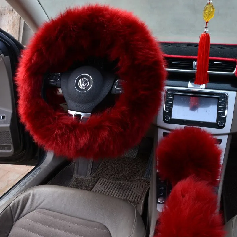Three-piece wool steering wheel cover set in cream colour for 38 cm steering wheel universal fit