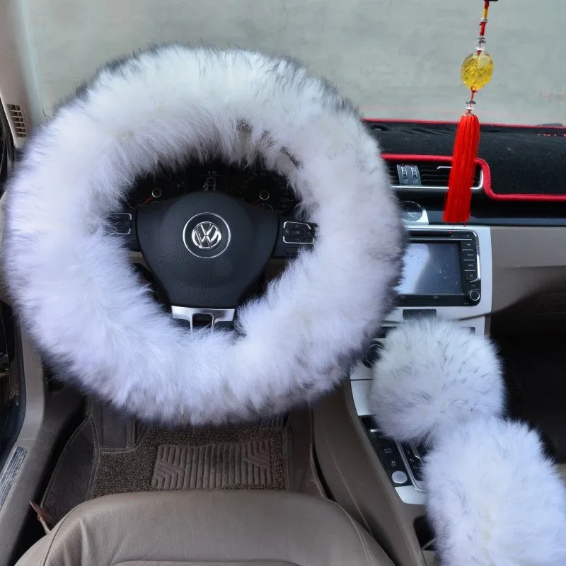 Three-piece wool steering wheel cover set in cream colour for 38 cm steering wheel universal fit