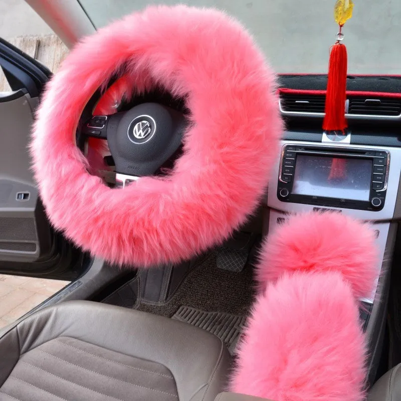 Three-piece wool steering wheel cover set in cream colour for 38 cm steering wheel universal fit