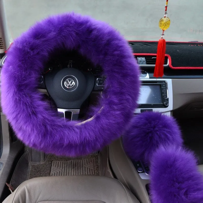 Three-piece wool steering wheel cover set in cream colour for 38 cm steering wheel universal fit