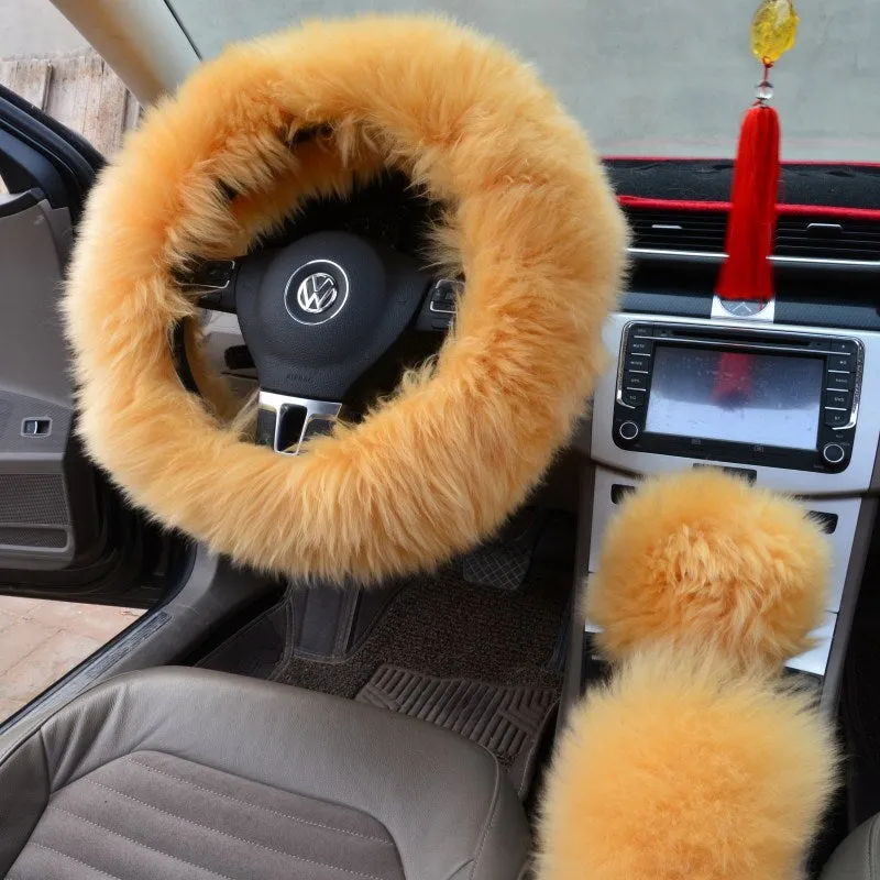 Three-piece wool steering wheel cover set in cream colour for 38 cm steering wheel universal fit