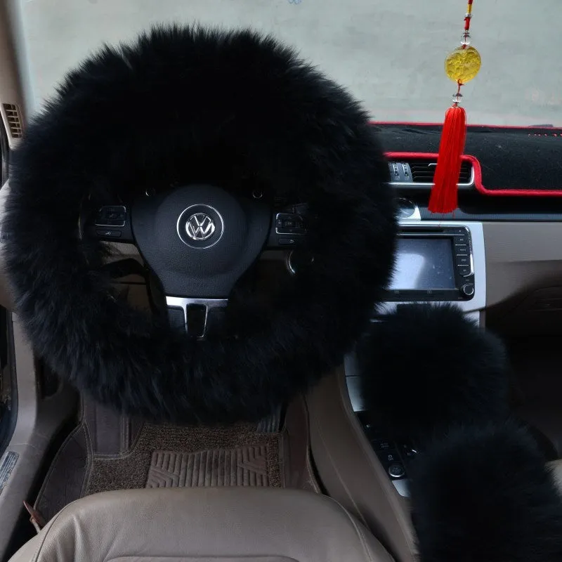 Three-piece wool steering wheel cover set in cream colour for 38 cm steering wheel universal fit