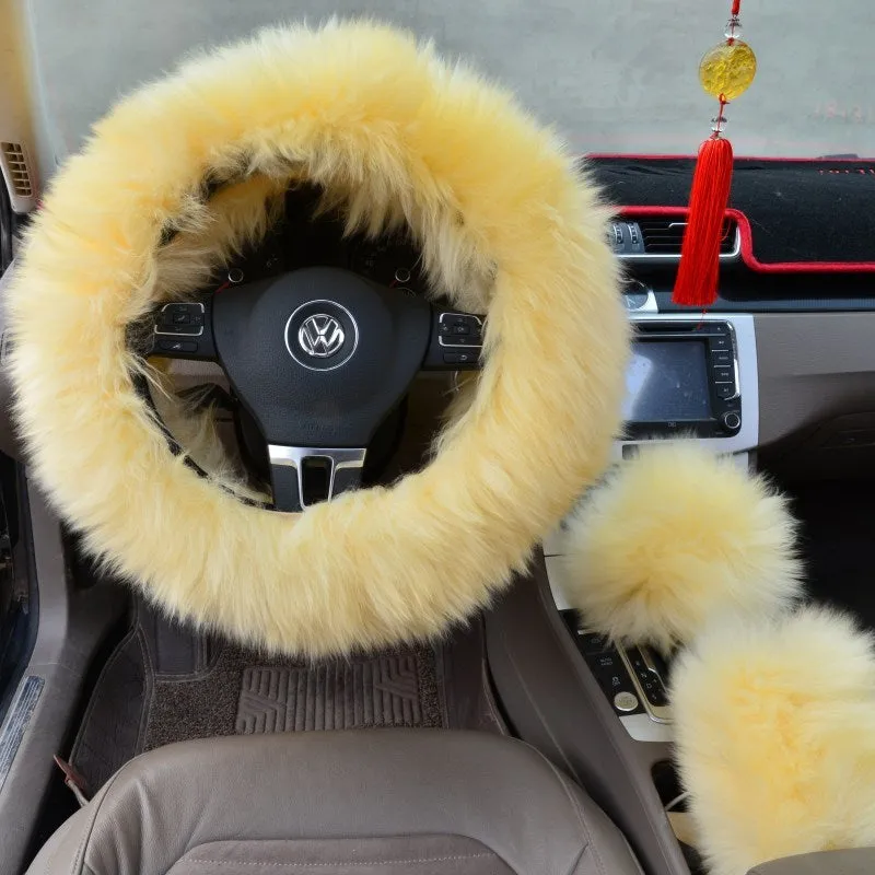 Three-piece wool steering wheel cover set in cream colour for 38 cm steering wheel universal fit