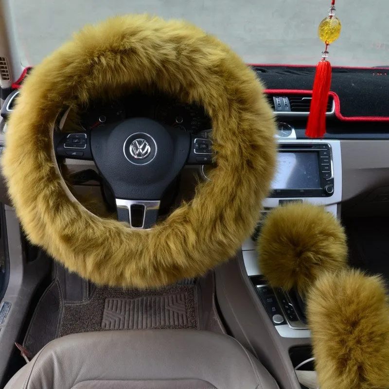 Three-piece wool steering wheel cover set in cream colour for 38 cm steering wheel universal fit
