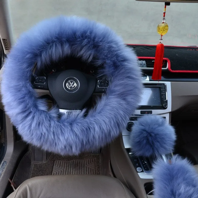 Three-piece wool steering wheel cover set in cream colour for 38 cm steering wheel universal fit