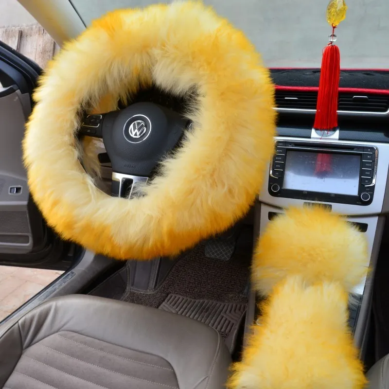 Three-piece wool steering wheel cover set in cream colour for 38 cm steering wheel universal fit