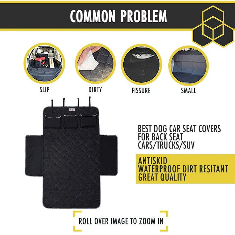 Black 600D Oxford cloth car trunk pet mat measuring 185x103cm with storage pockets for dog travel