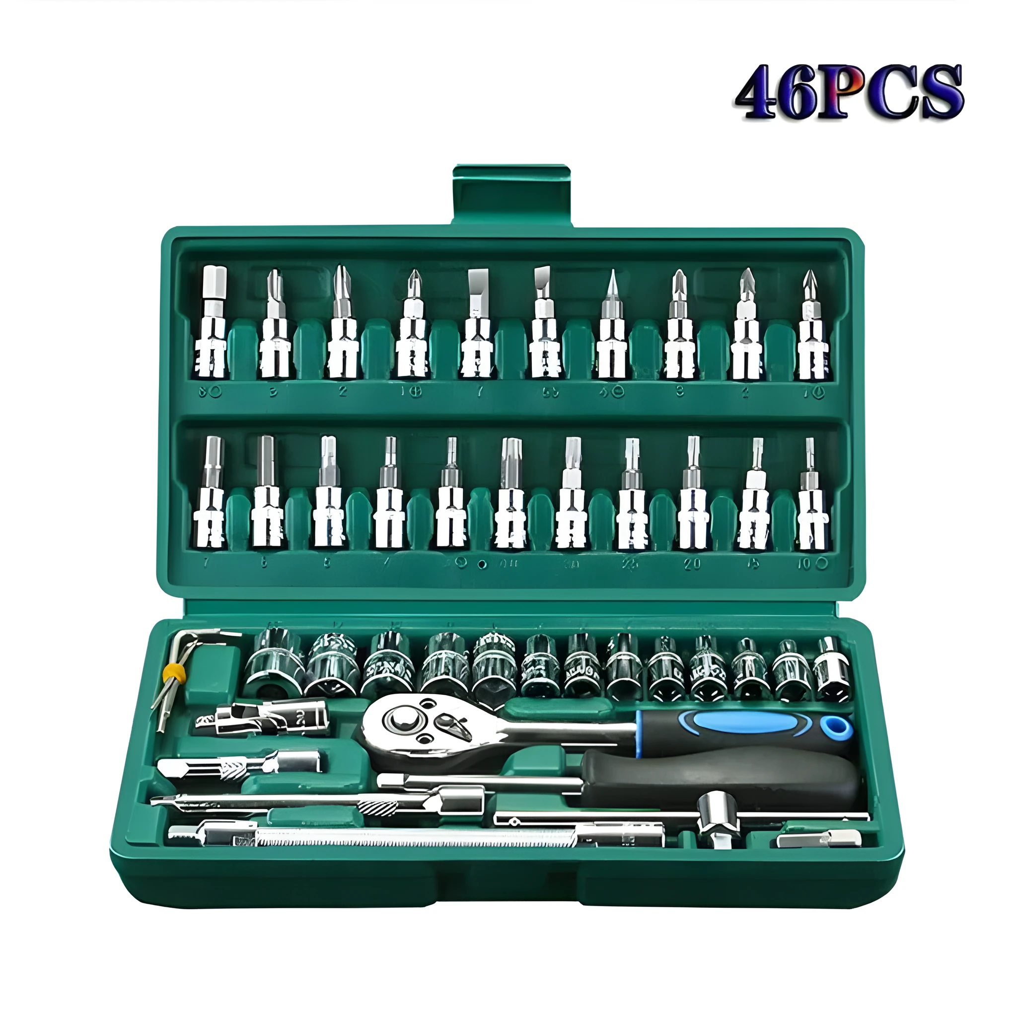 Green socket wrench set with 13 mm ratchet tool and 100 pieces in organised housing
