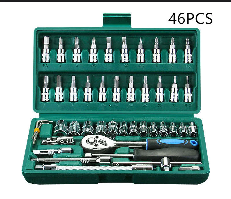 Green socket wrench set with 13 mm ratchet tool and 100 pieces in organised housing