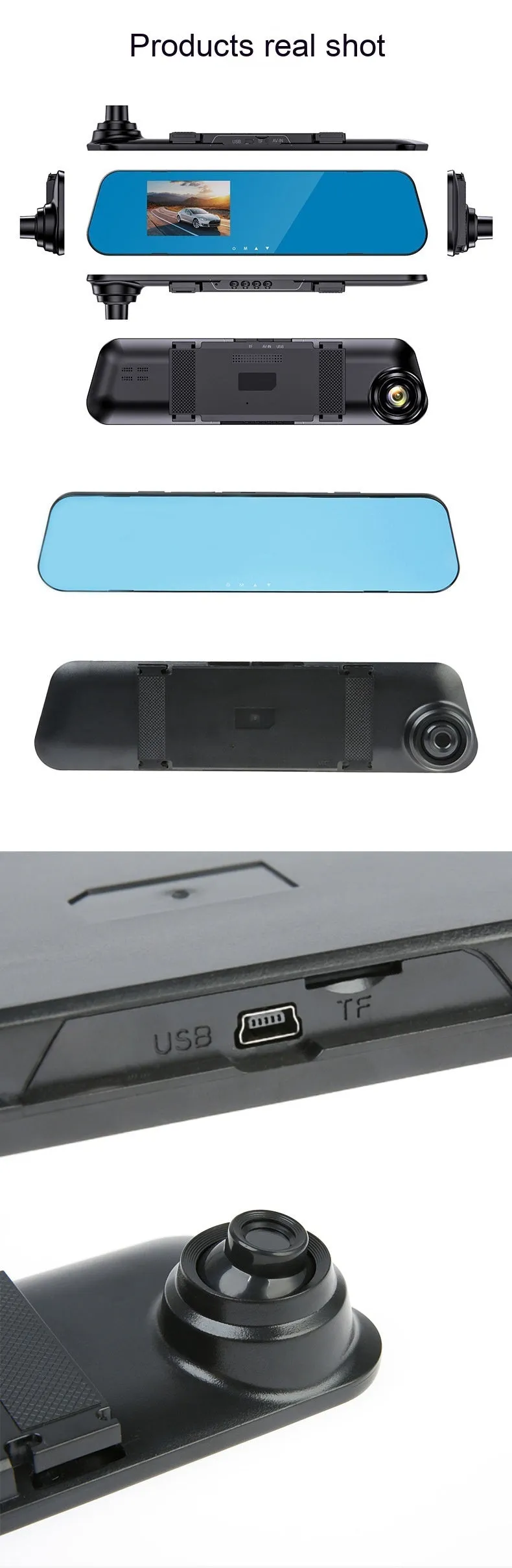 HD driving recorder with 4.5-inch screen showing front and rear night vision and reversing image